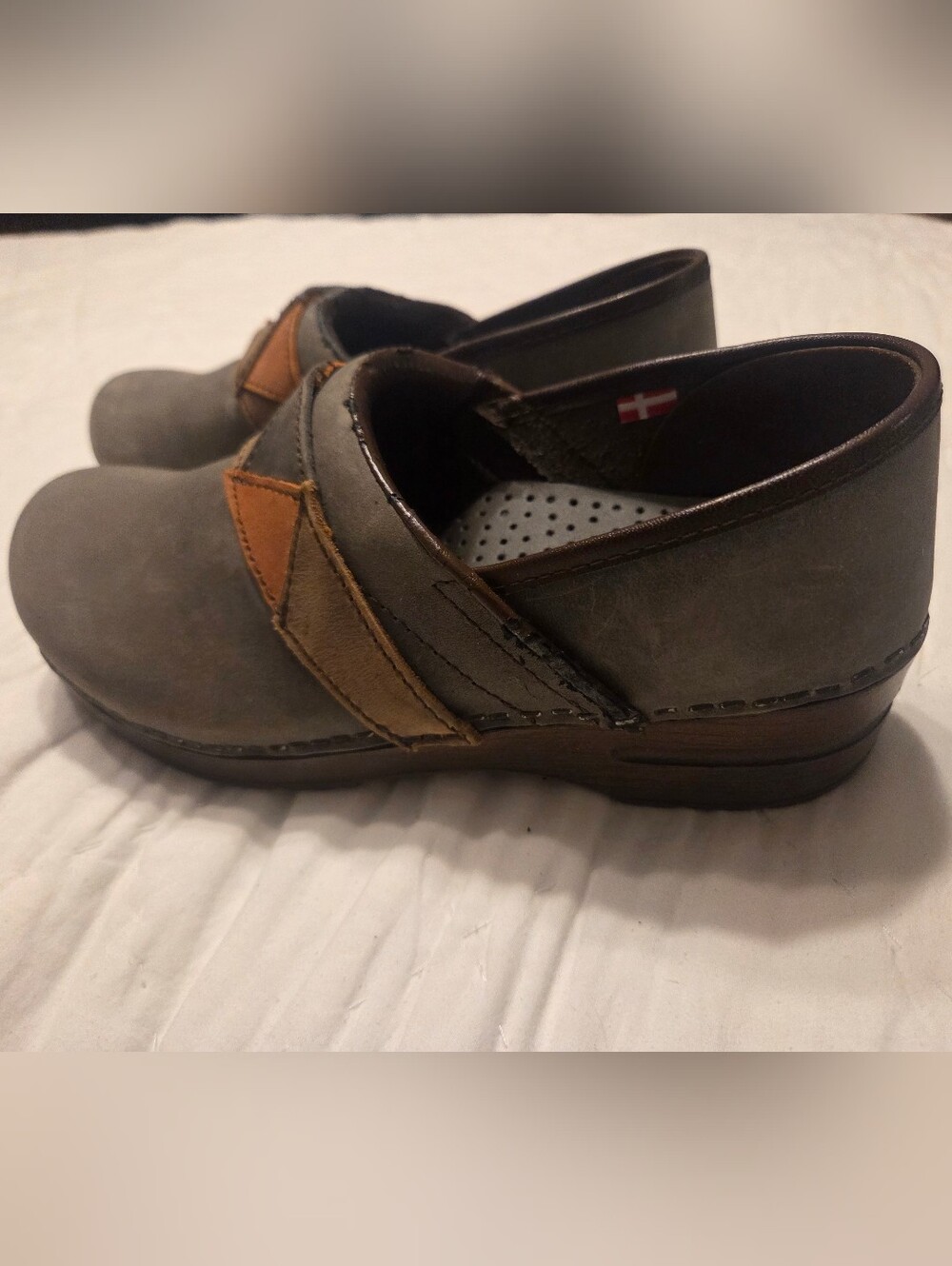 Sanita Leather Clogs Size 38 (US 7-7.5) Geometric Patchwork Brown Gray